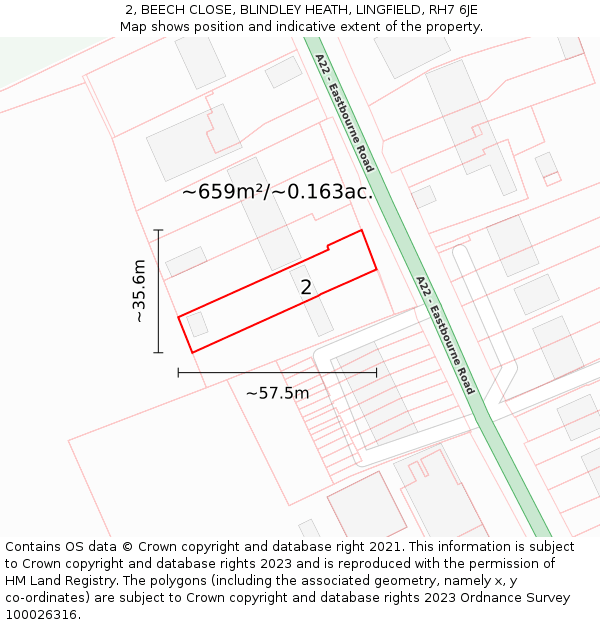 2, BEECH CLOSE, BLINDLEY HEATH, LINGFIELD, RH7 6JE: Plot and title map