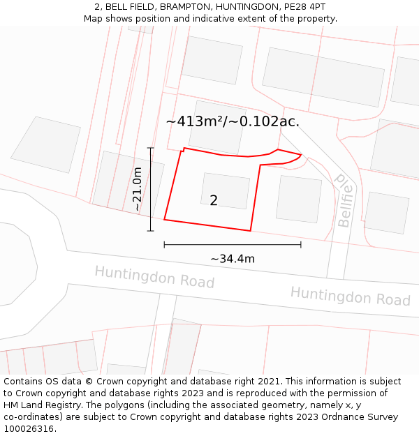 2, BELL FIELD, BRAMPTON, HUNTINGDON, PE28 4PT: Plot and title map