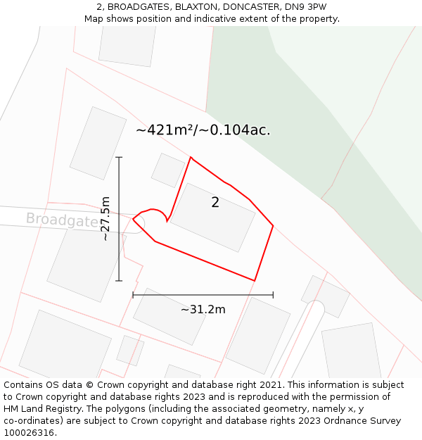 2, BROADGATES, BLAXTON, DONCASTER, DN9 3PW: Plot and title map