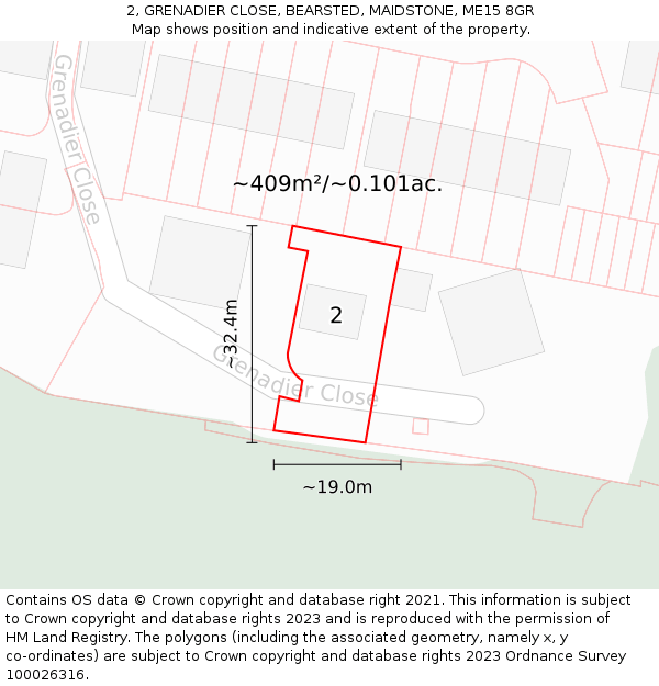 2, GRENADIER CLOSE, BEARSTED, MAIDSTONE, ME15 8GR: Plot and title map