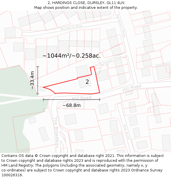 2, HARDINGS CLOSE, DURSLEY, GL11 4LN: Plot and title map