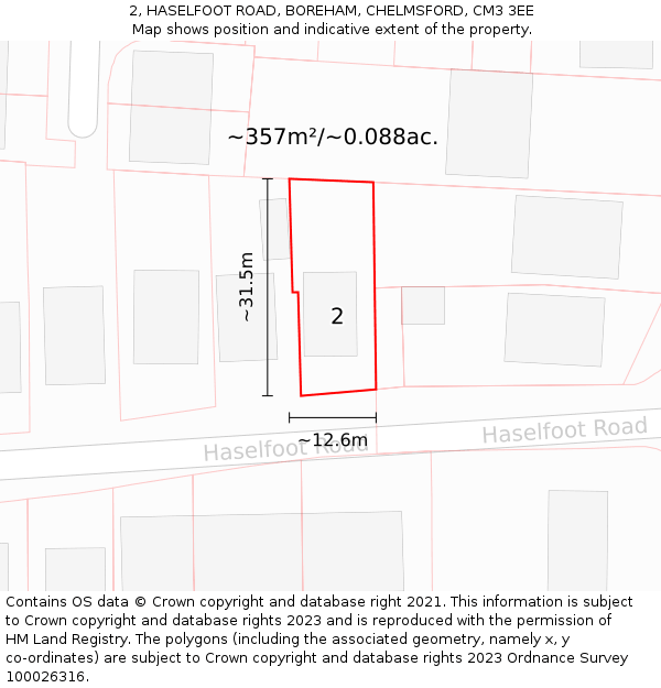 2, HASELFOOT ROAD, BOREHAM, CHELMSFORD, CM3 3EE: Plot and title map