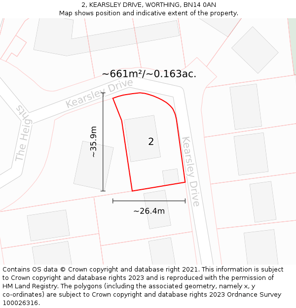 2, KEARSLEY DRIVE, WORTHING, BN14 0AN: Plot and title map