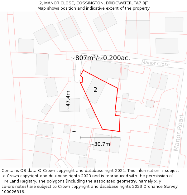 2, MANOR CLOSE, COSSINGTON, BRIDGWATER, TA7 8JT: Plot and title map