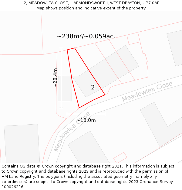 2, MEADOWLEA CLOSE, HARMONDSWORTH, WEST DRAYTON, UB7 0AF: Plot and title map