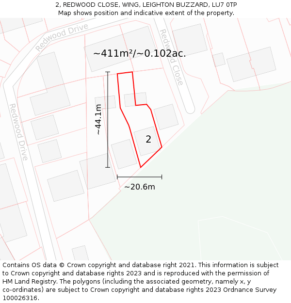 2, REDWOOD CLOSE, WING, LEIGHTON BUZZARD, LU7 0TP: Plot and title map
