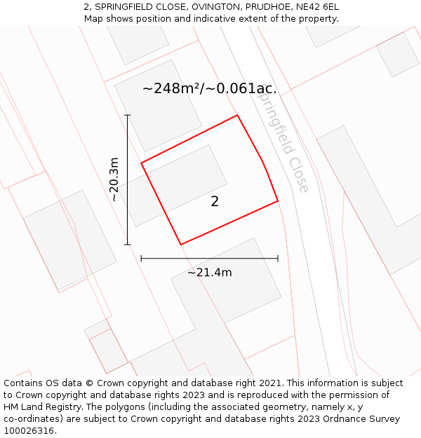 2, SPRINGFIELD CLOSE, OVINGTON, PRUDHOE, NE42 6EL: Plot and title map