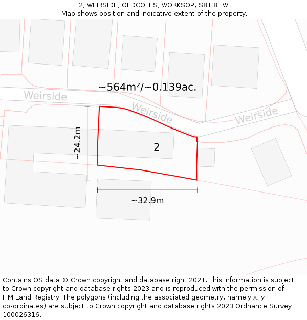 2, WEIRSIDE, OLDCOTES, WORKSOP, S81 8HW: Plot and title map