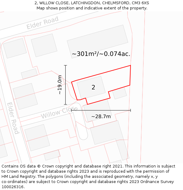 2, WILLOW CLOSE, LATCHINGDON, CHELMSFORD, CM3 6XS: Plot and title map