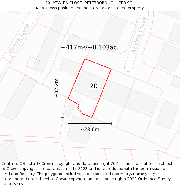 20, AZALEA CLOSE, PETERBOROUGH, PE3 9QU: Plot and title map