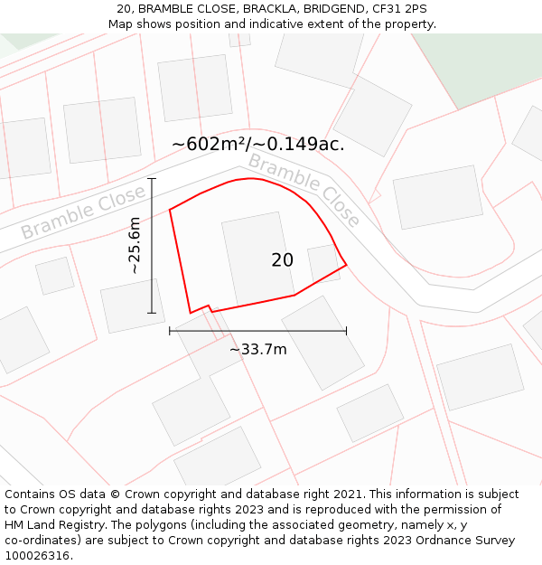 20, BRAMBLE CLOSE, BRACKLA, BRIDGEND, CF31 2PS: Plot and title map