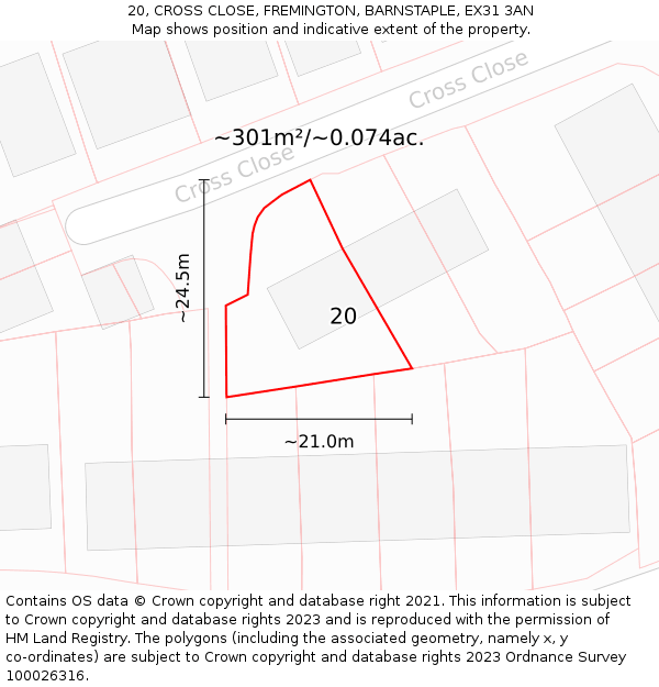 20, CROSS CLOSE, FREMINGTON, BARNSTAPLE, EX31 3AN: Plot and title map