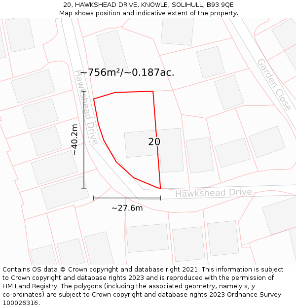 20, HAWKSHEAD DRIVE, KNOWLE, SOLIHULL, B93 9QE: Plot and title map