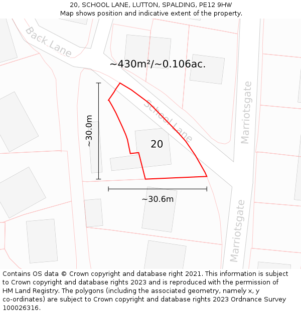 20, SCHOOL LANE, LUTTON, SPALDING, PE12 9HW: Plot and title map