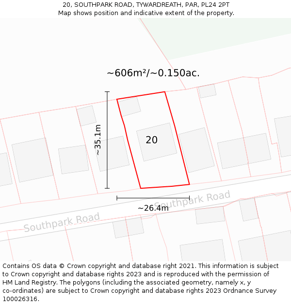 20, SOUTHPARK ROAD, TYWARDREATH, PAR, PL24 2PT: Plot and title map
