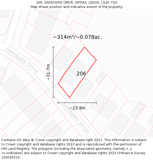 206, SANDGATE DRIVE, KIPPAX, LEEDS, LS25 7QS: Plot and title map