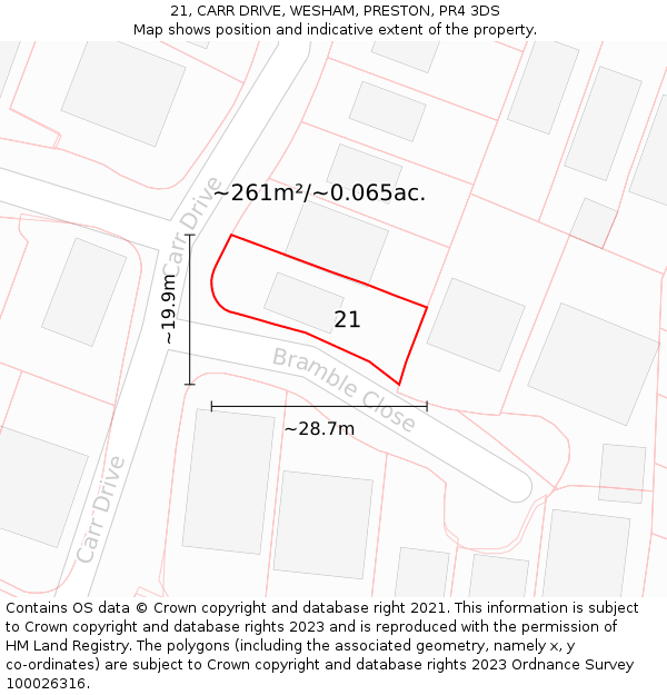 21, CARR DRIVE, WESHAM, PRESTON, PR4 3DS: Plot and title map