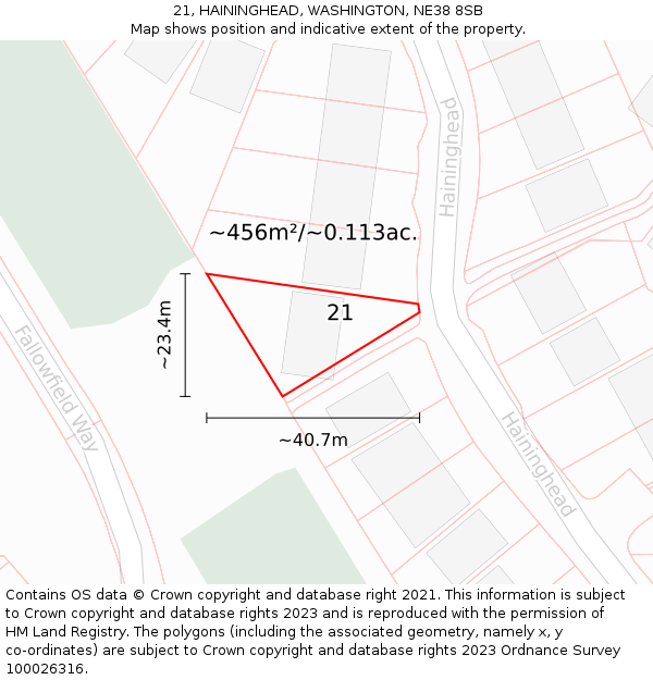 21, HAININGHEAD, WASHINGTON, NE38 8SB: Plot and title map
