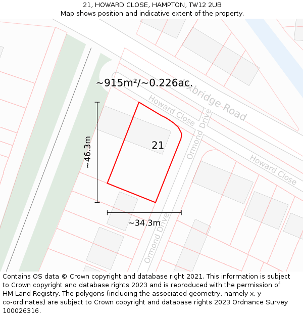 21, HOWARD CLOSE, HAMPTON, TW12 2UB: Plot and title map
