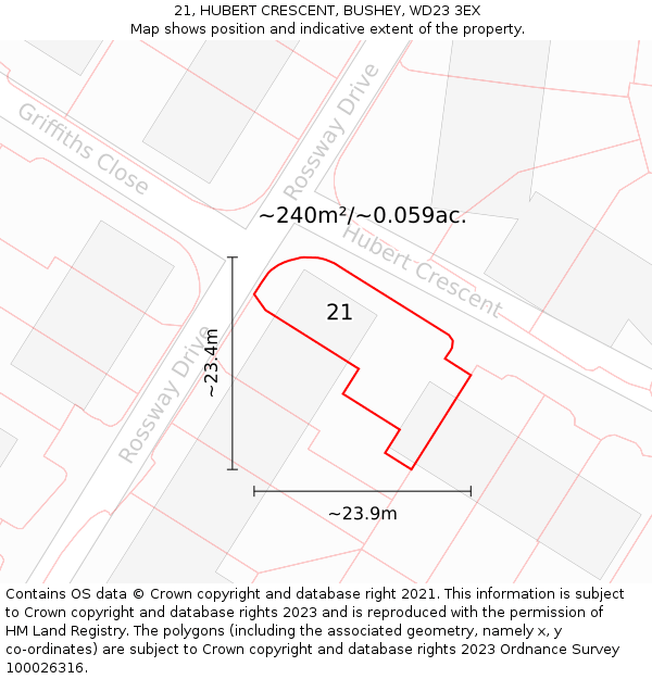 21, HUBERT CRESCENT, BUSHEY, WD23 3EX: Plot and title map