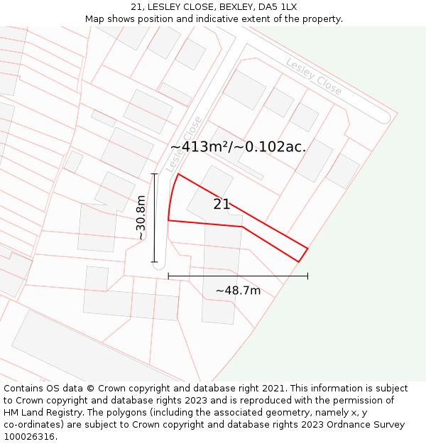 21, LESLEY CLOSE, BEXLEY, DA5 1LX: Plot and title map