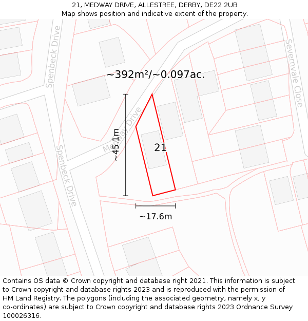 21, MEDWAY DRIVE, ALLESTREE, DERBY, DE22 2UB: Plot and title map