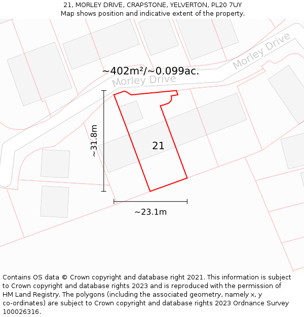 21, MORLEY DRIVE, CRAPSTONE, YELVERTON, PL20 7UY: Plot and title map
