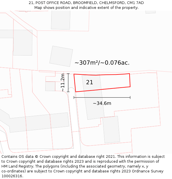 21, POST OFFICE ROAD, BROOMFIELD, CHELMSFORD, CM1 7AD: Plot and title map