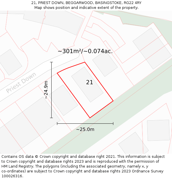 21, PRIEST DOWN, BEGGARWOOD, BASINGSTOKE, RG22 4RY: Plot and title map