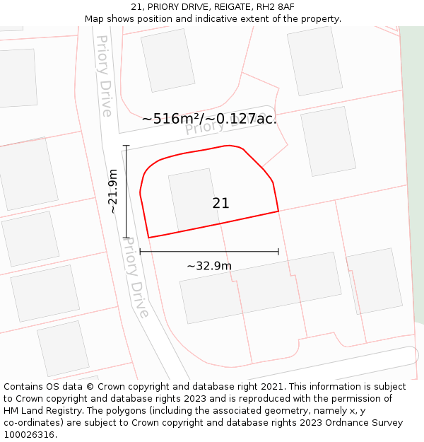 21, PRIORY DRIVE, REIGATE, RH2 8AF: Plot and title map