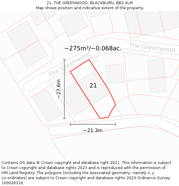 21, THE GREENWOOD, BLACKBURN, BB2 4UR: Plot and title map