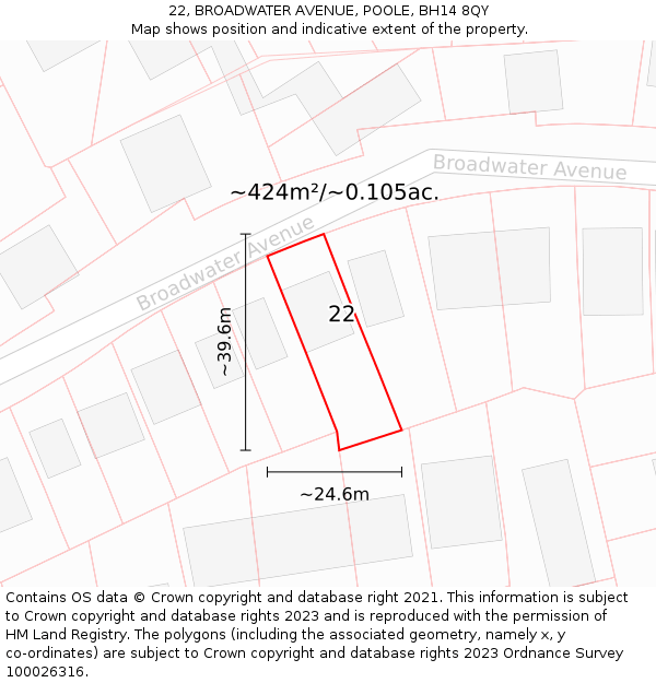 22, BROADWATER AVENUE, POOLE, BH14 8QY: Plot and title map