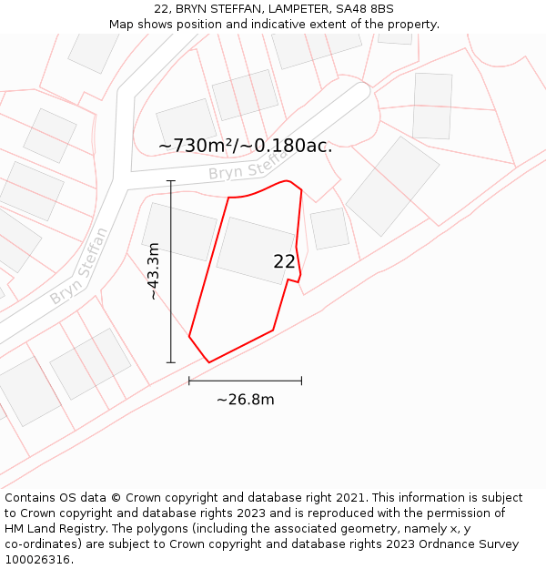 22, BRYN STEFFAN, LAMPETER, SA48 8BS: Plot and title map