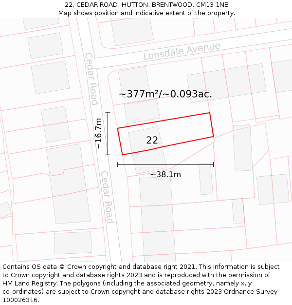 22, CEDAR ROAD, HUTTON, BRENTWOOD, CM13 1NB: Plot and title map