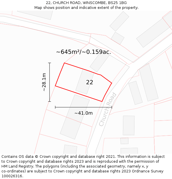 22, CHURCH ROAD, WINSCOMBE, BS25 1BG: Plot and title map