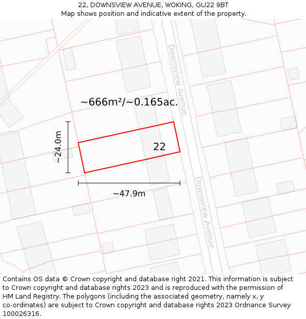 22, DOWNSVIEW AVENUE, WOKING, GU22 9BT: Plot and title map