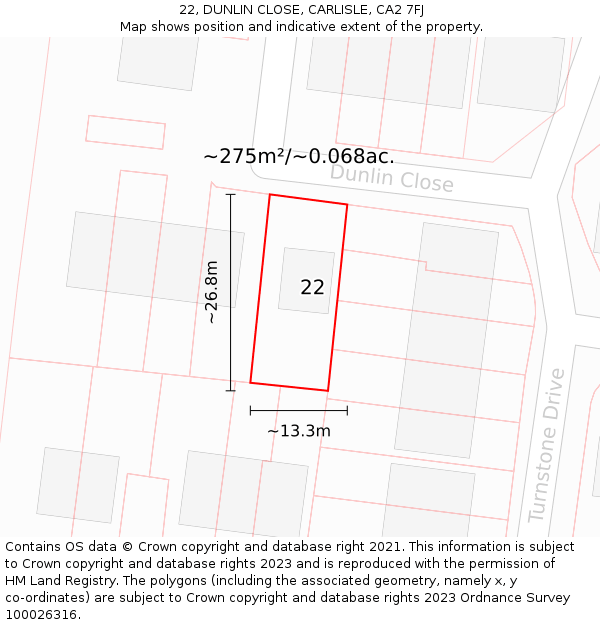 22, DUNLIN CLOSE, CARLISLE, CA2 7FJ: Plot and title map