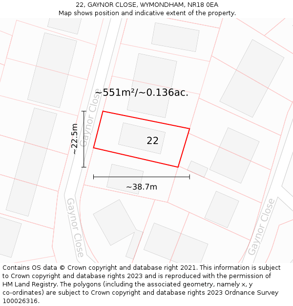 22, GAYNOR CLOSE, WYMONDHAM, NR18 0EA: Plot and title map