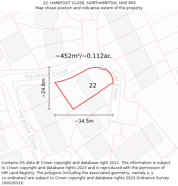 22, HAREFOOT CLOSE, NORTHAMPTON, NN5 6RS: Plot and title map