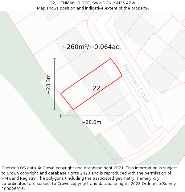 22, HENMAN CLOSE, SWINDON, SN25 4ZW: Plot and title map