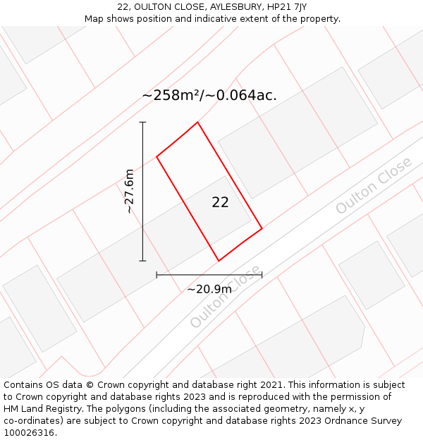 22, OULTON CLOSE, AYLESBURY, HP21 7JY: Plot and title map