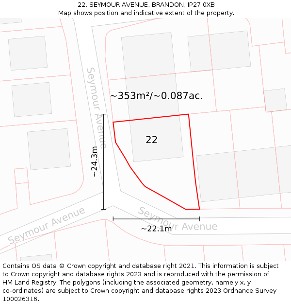 22, SEYMOUR AVENUE, BRANDON, IP27 0XB: Plot and title map