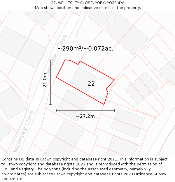 22, WELLESLEY CLOSE, YORK, YO30 4YA: Plot and title map