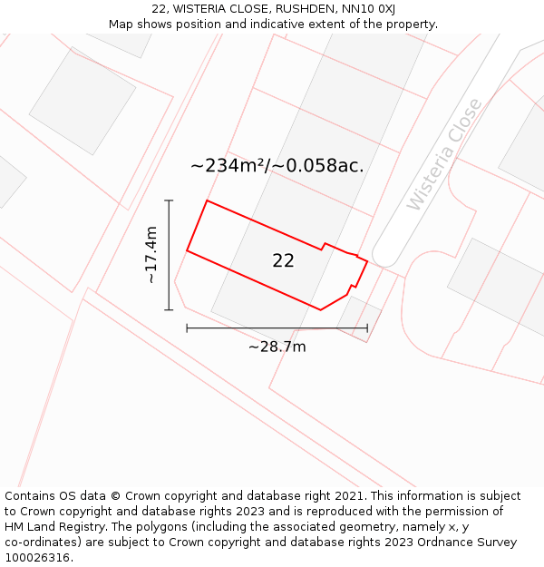 22, WISTERIA CLOSE, RUSHDEN, NN10 0XJ: Plot and title map