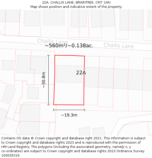 22A, CHALLIS LANE, BRAINTREE, CM7 1AN: Plot and title map
