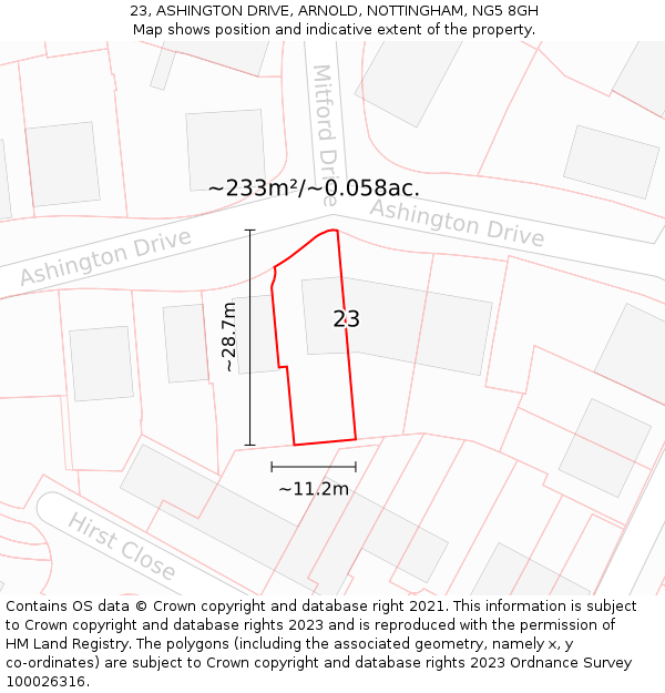 23, ASHINGTON DRIVE, ARNOLD, NOTTINGHAM, NG5 8GH: Plot and title map