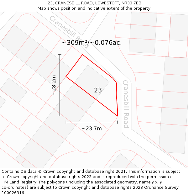 23, CRANESBILL ROAD, LOWESTOFT, NR33 7EB: Plot and title map