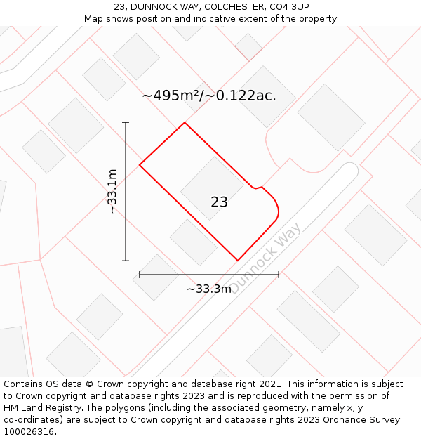 23, DUNNOCK WAY, COLCHESTER, CO4 3UP: Plot and title map