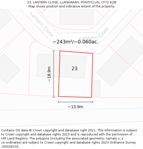23, LANTERN CLOSE, LLANHARAN, PONTYCLUN, CF72 9ZB: Plot and title map