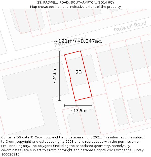 23, PADWELL ROAD, SOUTHAMPTON, SO14 6QY: Plot and title map